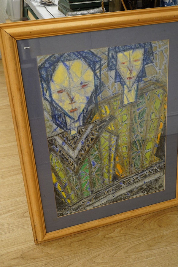 Three works to include: Tanton, two figures, signed and dated '87 and an abstract figural pastel, indistinctly signed, largest 61 x 45cm